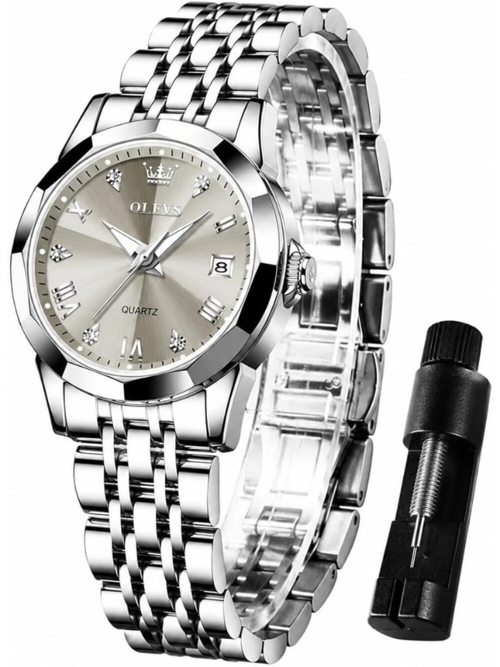 Women’s Grey White Luxury Stainless Steel Waterproof Quartz Analog Dress Watch